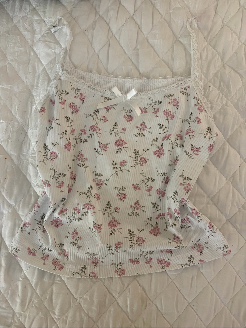 Floral Lace-Trim Cami Tank Top - White with Pink Floral